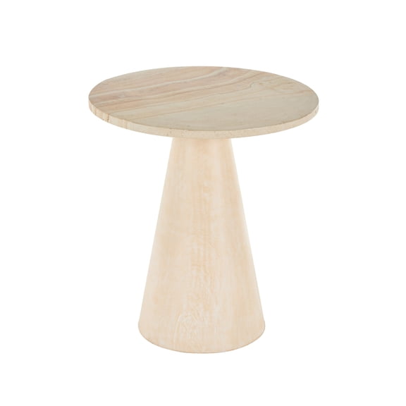 DecMode 20" x 22" Cream Teak Wood Handmade Cone Accent Table with Beige Marble Tabletop, 1-Piece