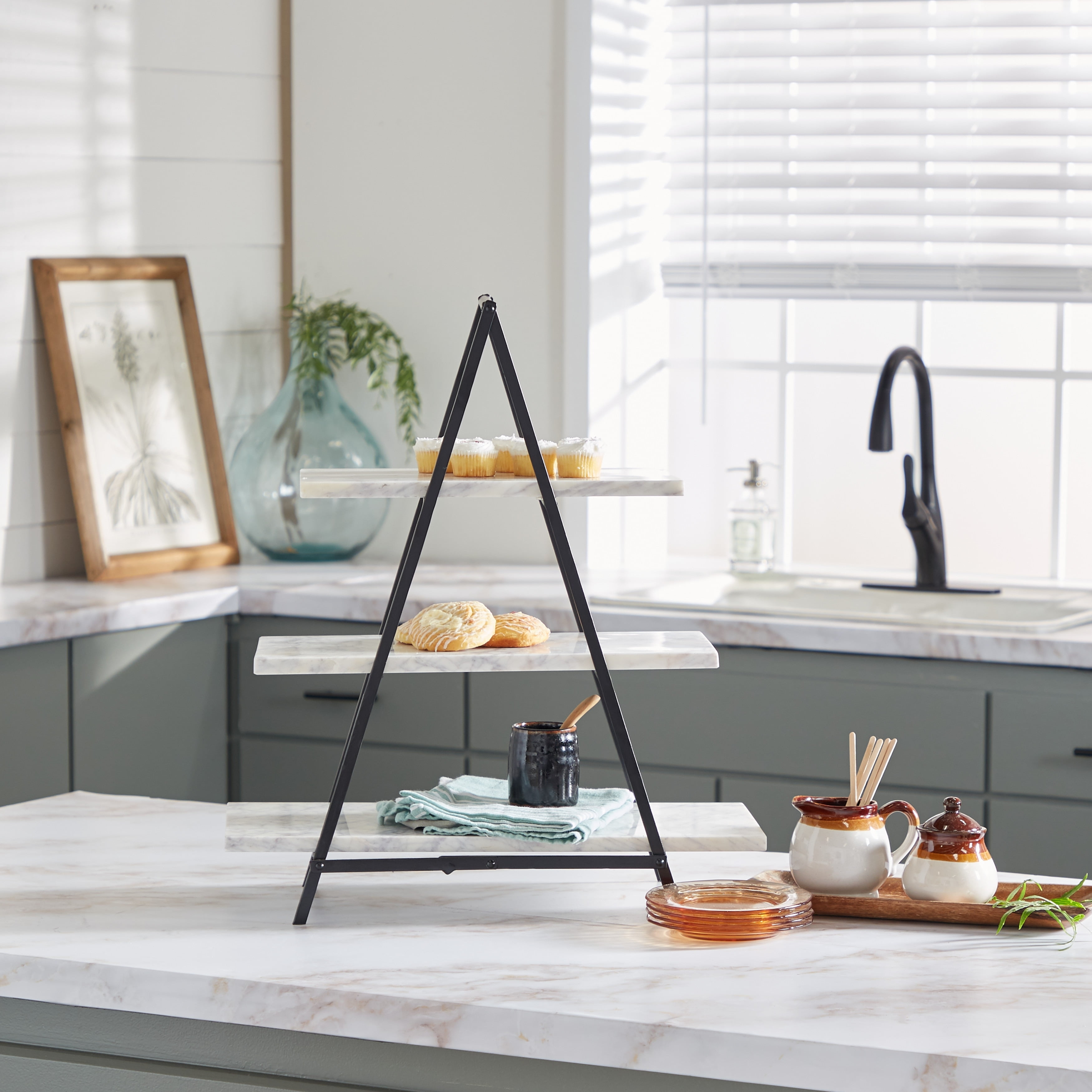 Elevated 20" White Marble and Black Metal 3-Tier Rectangular Server