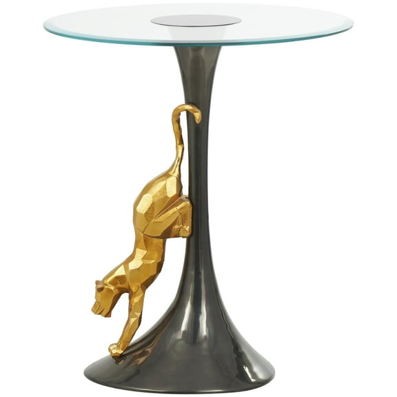 DecMode 20" x 24" Black Aluminum Leopard Accent Table with Gold Leopard Accent and Tempered Glass Top, 1-Piece