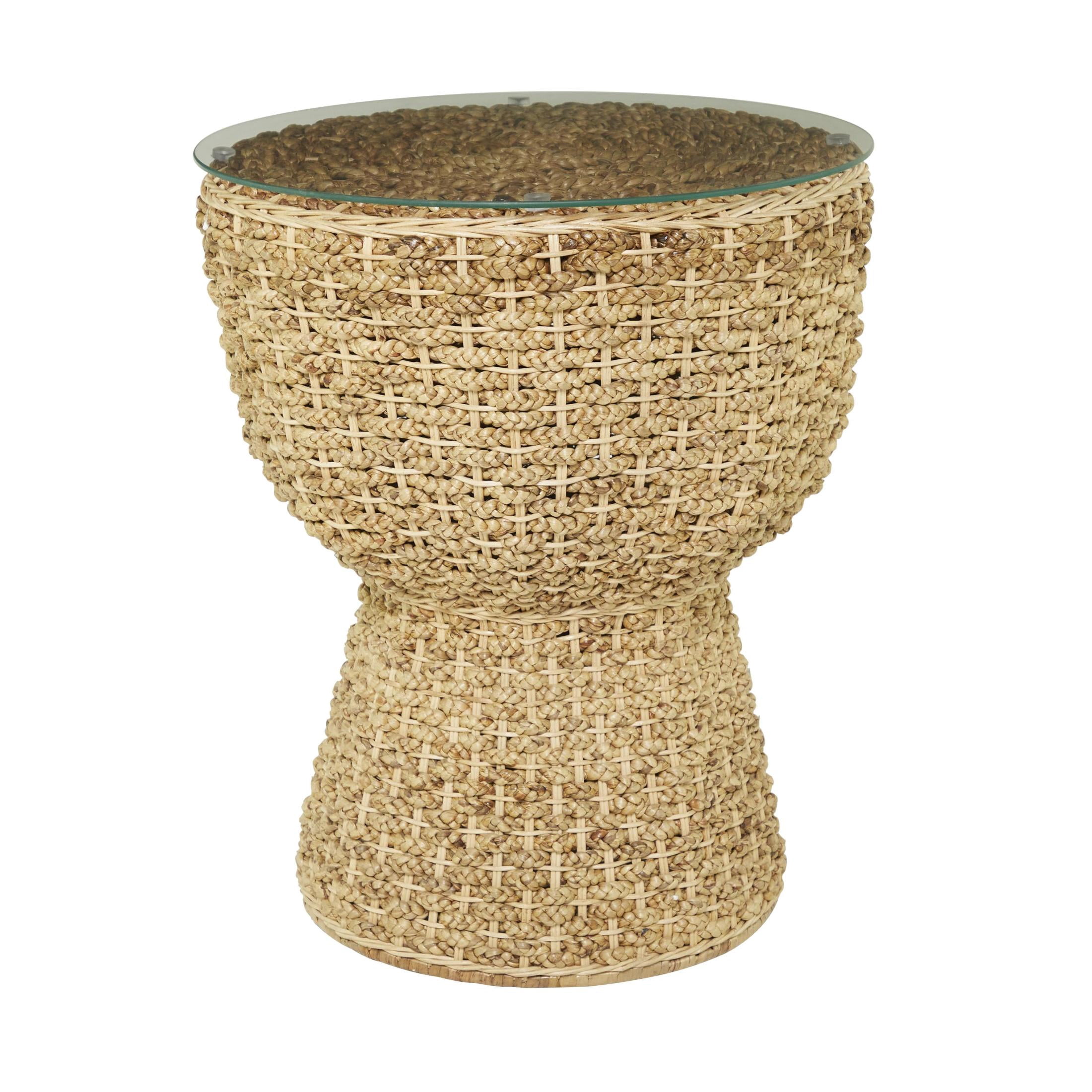 DecMode 20" x 24" Brown Seagrass Handmade Woven Accent Table with Glass Top, 1-Piece