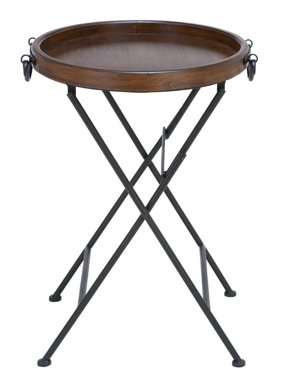 DecMode 20" x 28" Black Metal Accent Table with Brown Wood Top, 1-Piece
