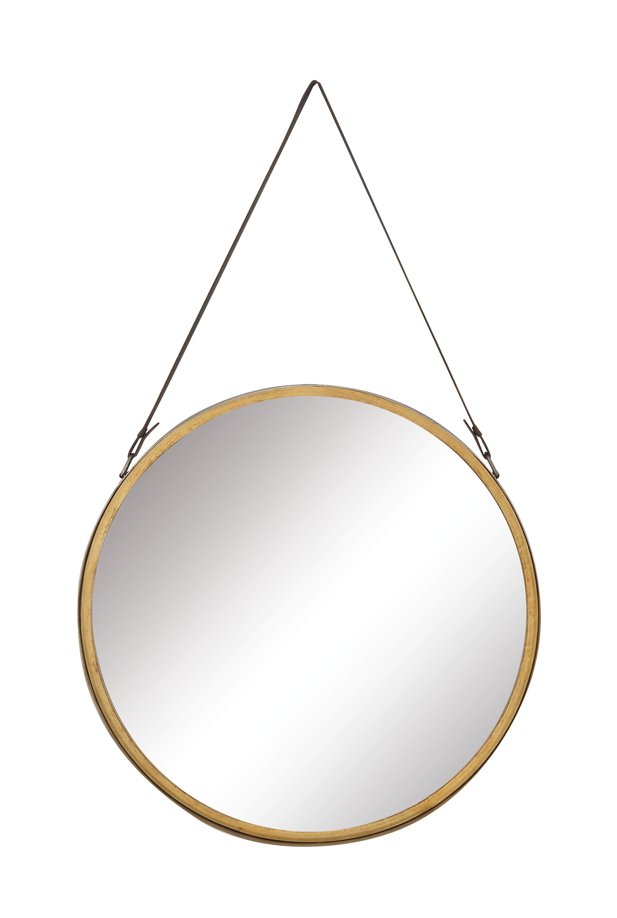 Contemporary Round Gold Metal Mirror with Leather Hang Strap