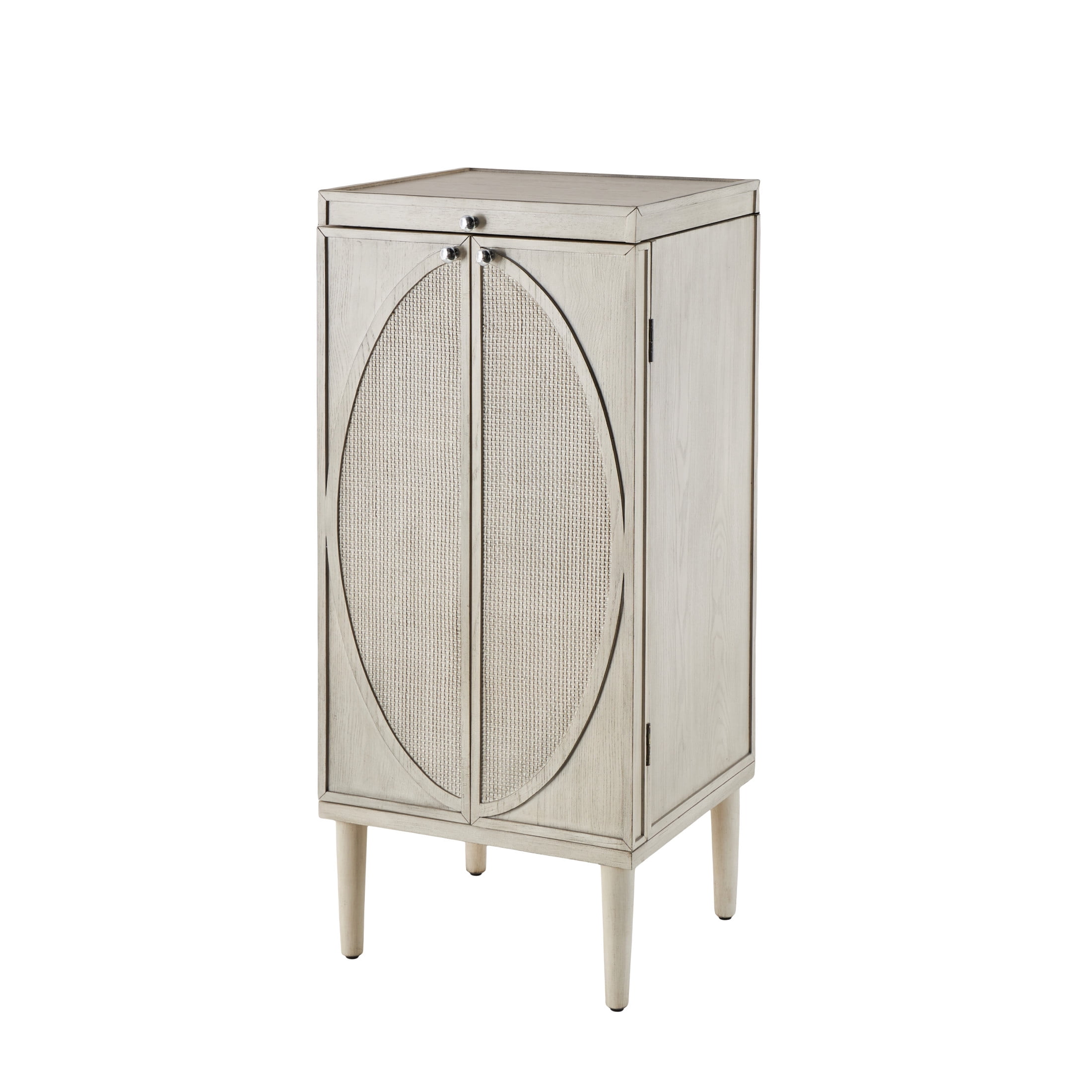 DecMode 20" x 47" Light Gray Wooden Oval Rattan Jewelry 2 Door, 6 Drawer, and 32 Hook Geometric Cabinet with Mirrored Lift Top, 1-Piece