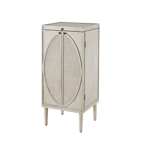 DecMode 20" x 47" Light Gray Wooden Oval Rattan Jewelry 2 Door, 6 Drawer, and 32 Hook Geometric Cabinet with Mirrored Lift Top, 1-Piece