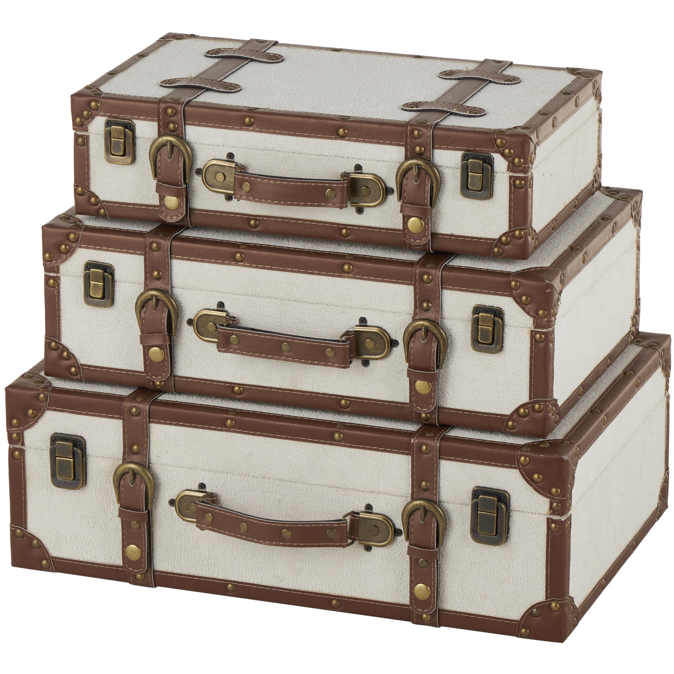 DecMode 20" x 7" Light Gray Wooden Vintage Storage Trunk with Brown Leather Accents and Bronze Latches, 3-Pieces