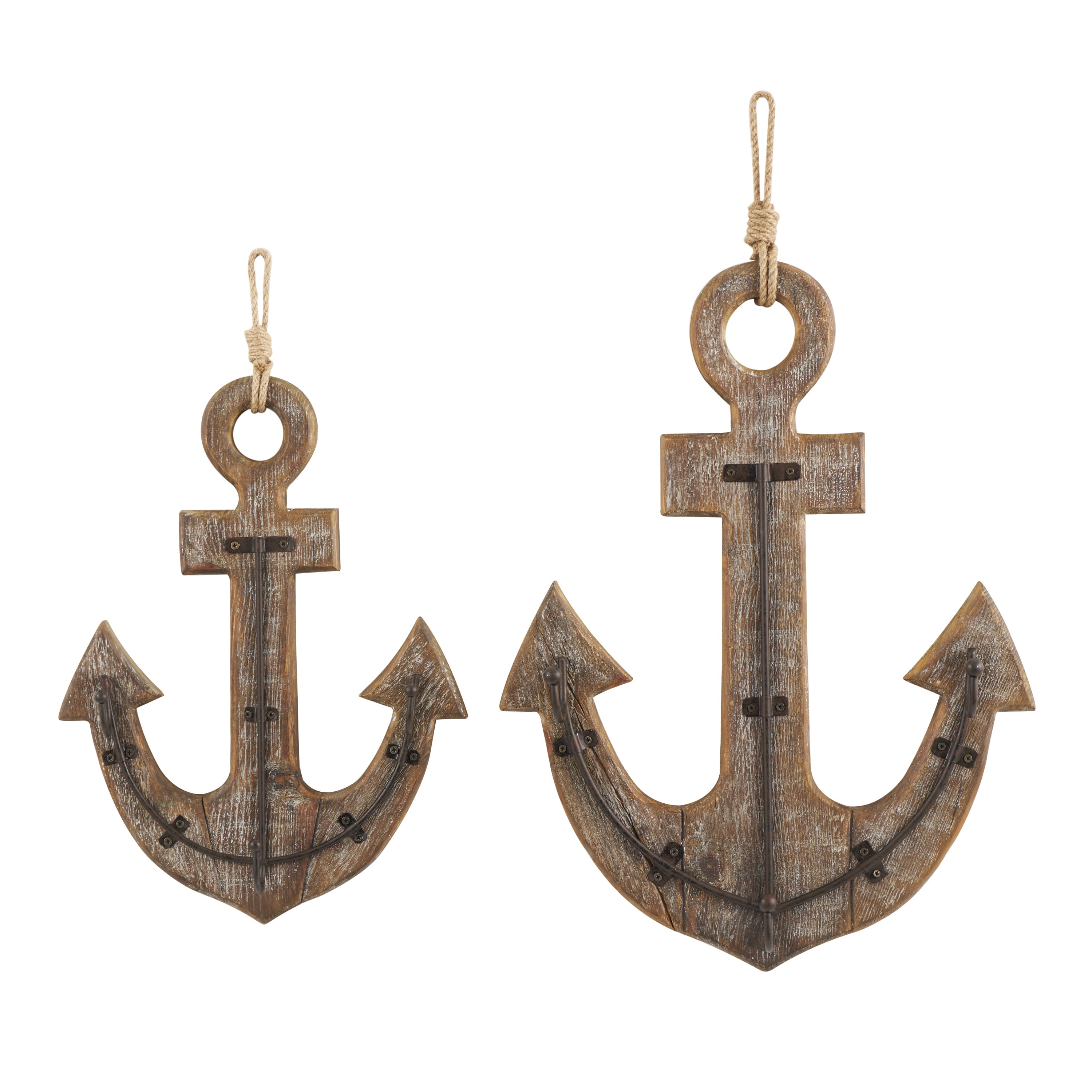 DecMode 21", 16"H Brown Wood Whitewashed 4 Hanger Anchor Wall Hook with Hanging Rope and Bronze Metal accents, 2-Pieces