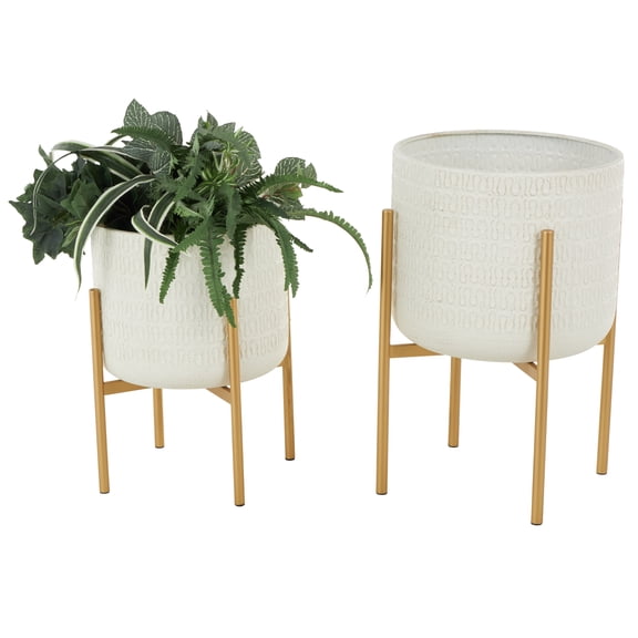 DecMode 21", 17"H Dome White Metal Planter with Gold Stand (2 Count)