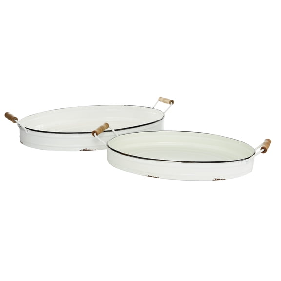 DecMode 21", 18"W White Metal Tray with Wood Handles, 2-Pieces