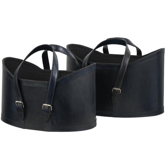 DecMode 21", 19"W Dark Blue Leather Handmade Magazine Holder with Handles (Set of 2)