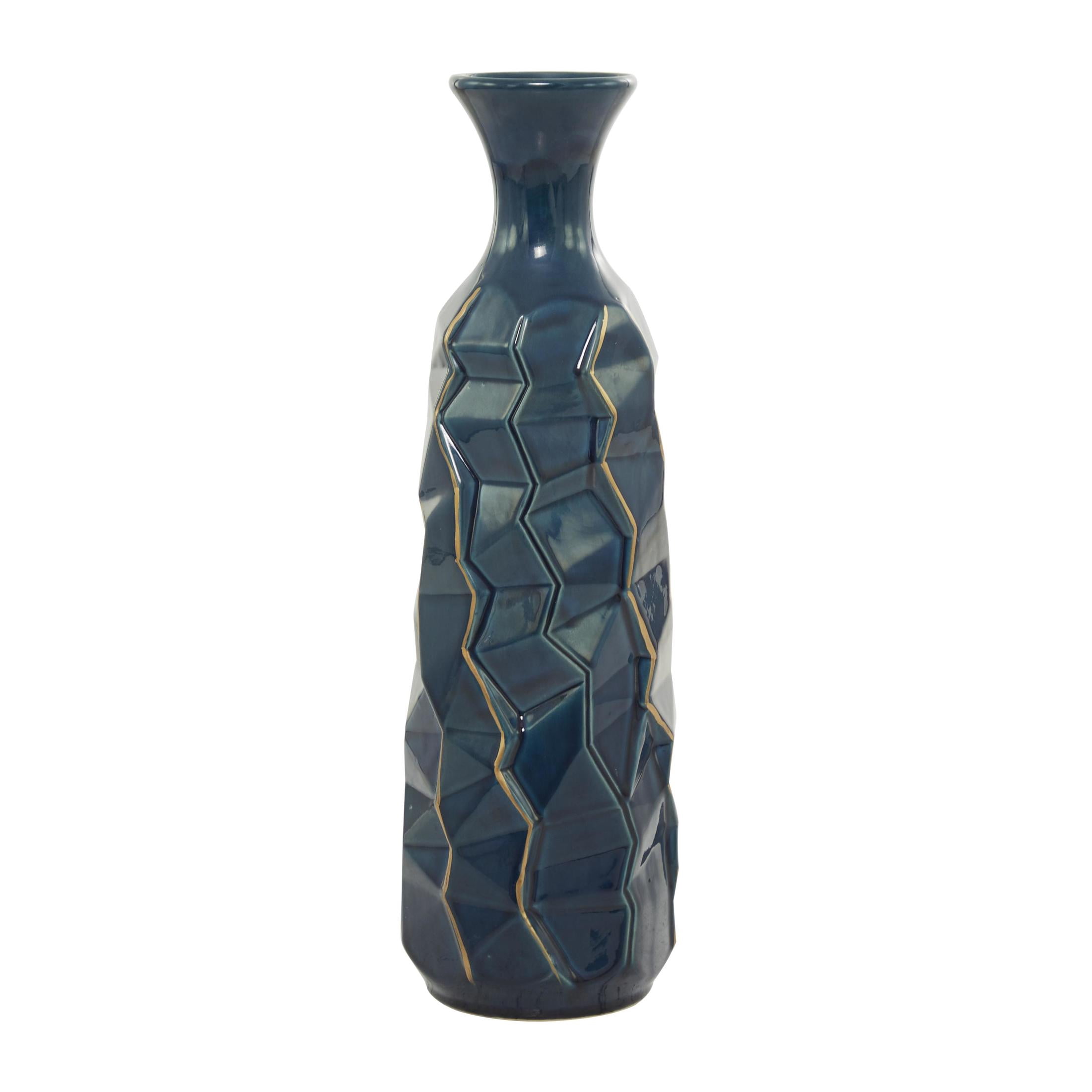 DecMode 21" Geometric Floor Teal Ceramic Vase with Gold Accents