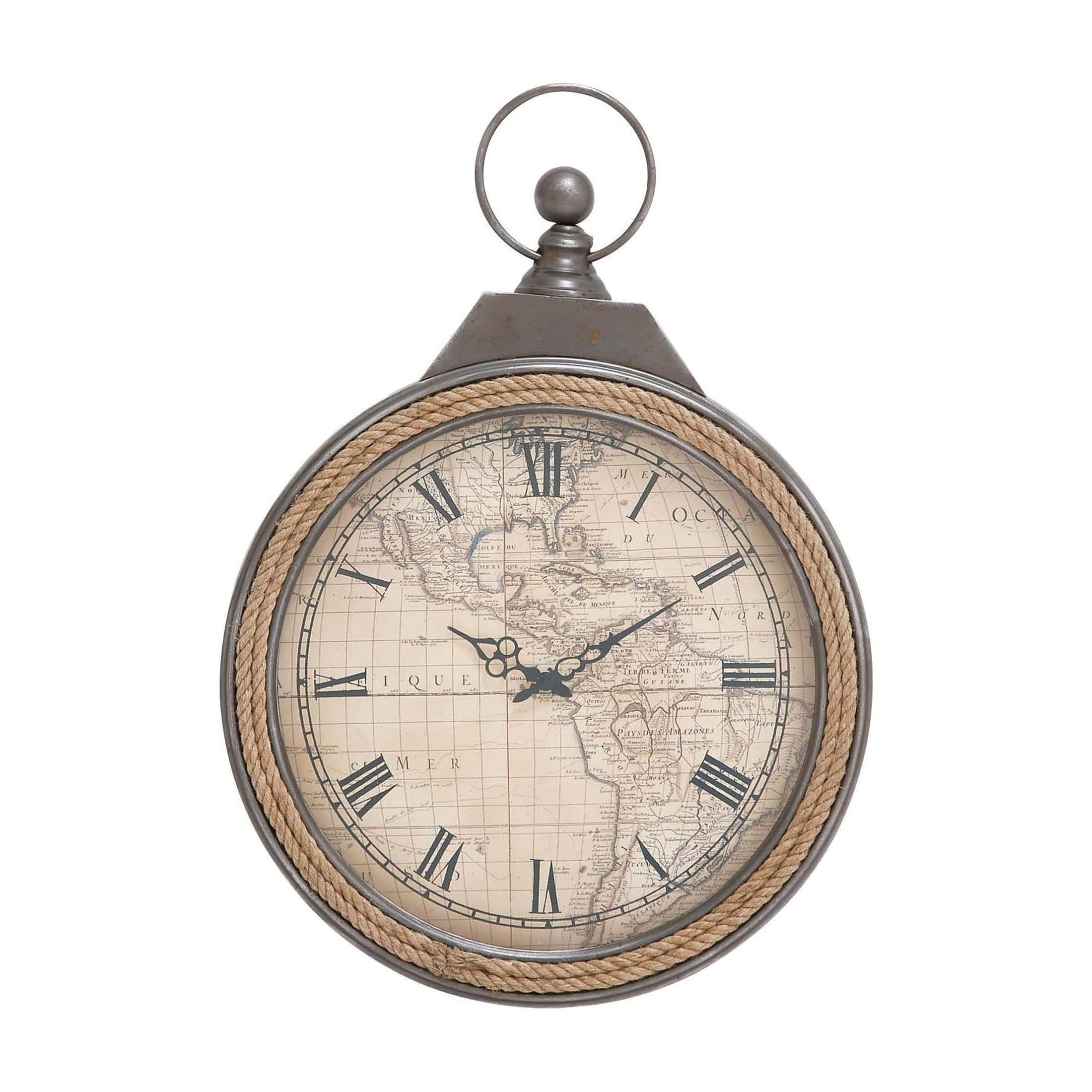 DecMode 21" Gray Metal Finial Pocket Watch Style Wall Clock with Rope Accent