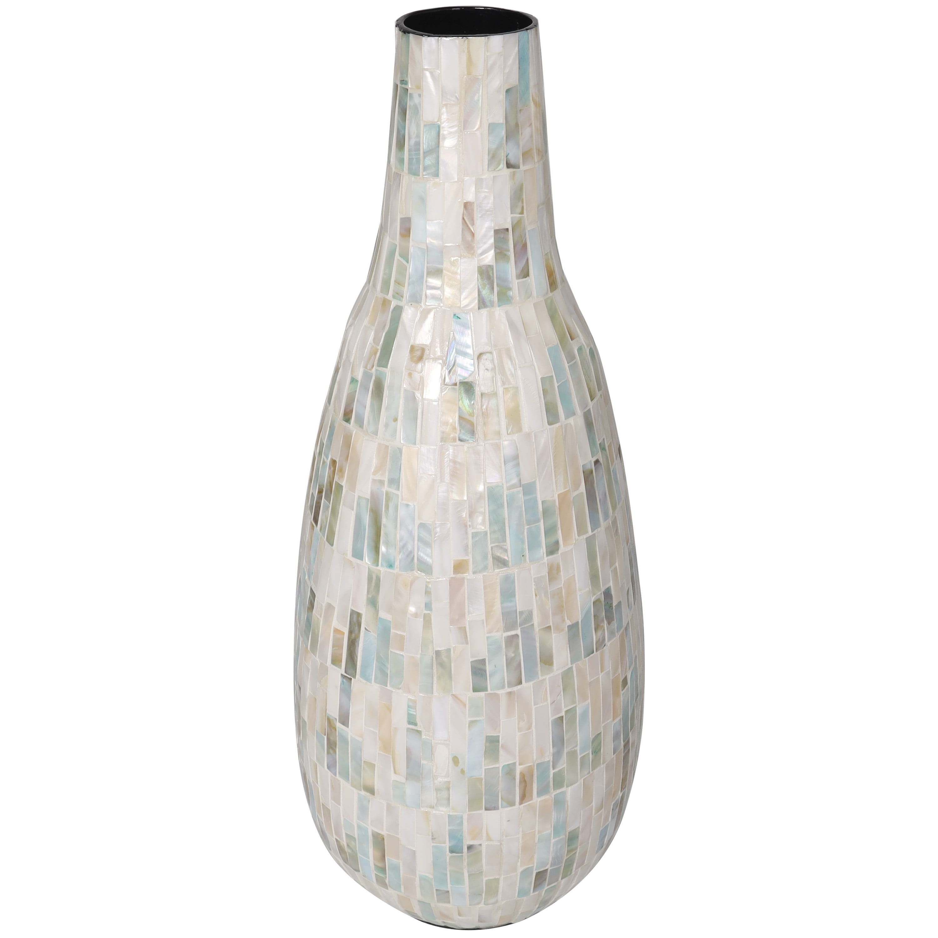DecMode 21" Handmade Mosaic Inspired White Mother of Pearl Vase with Pastel Blue and Pink Accents