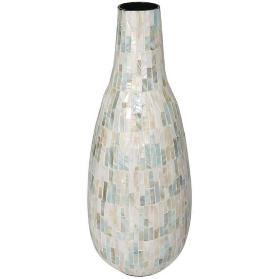 DecMode 21" Handmade Mosaic Inspired White Mother of Pearl Vase with Pastel Blue and Pink Accents