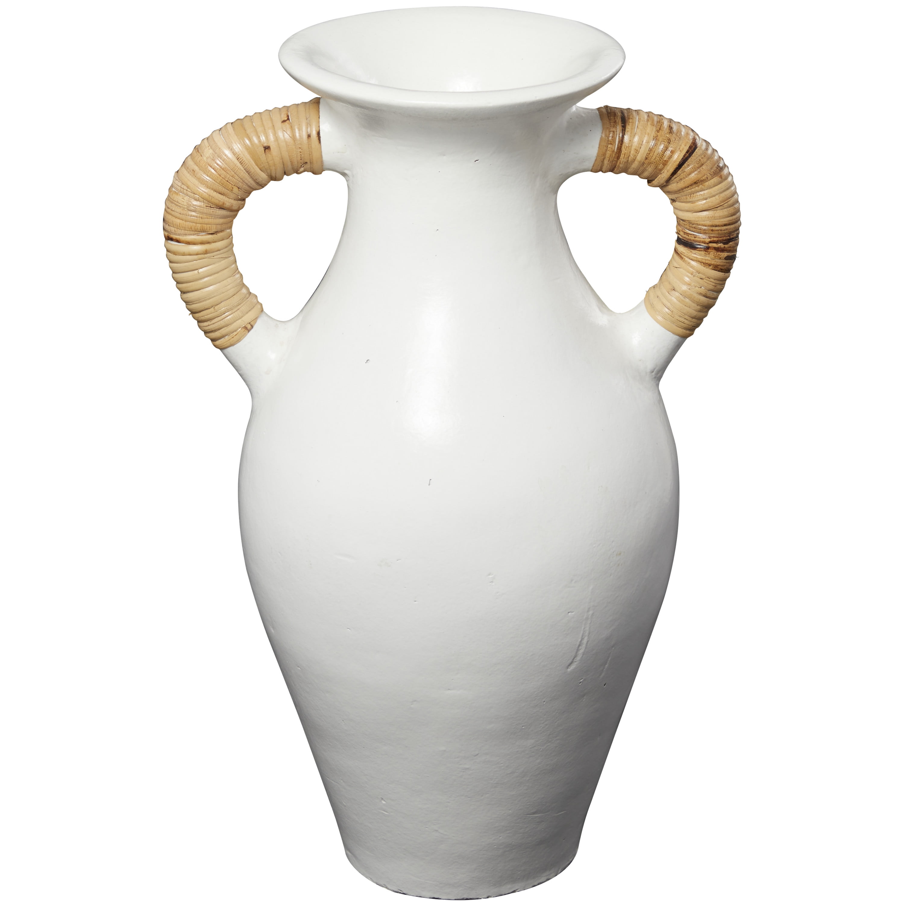 DecMode 21" Jug Inspired White Ceramic Vase with Rattan Wrapped Handles