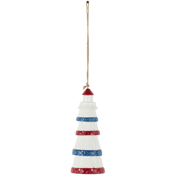 DecMode 21" White Ceramic Light House Windchime with Brown Rope and Blue and Red Accents