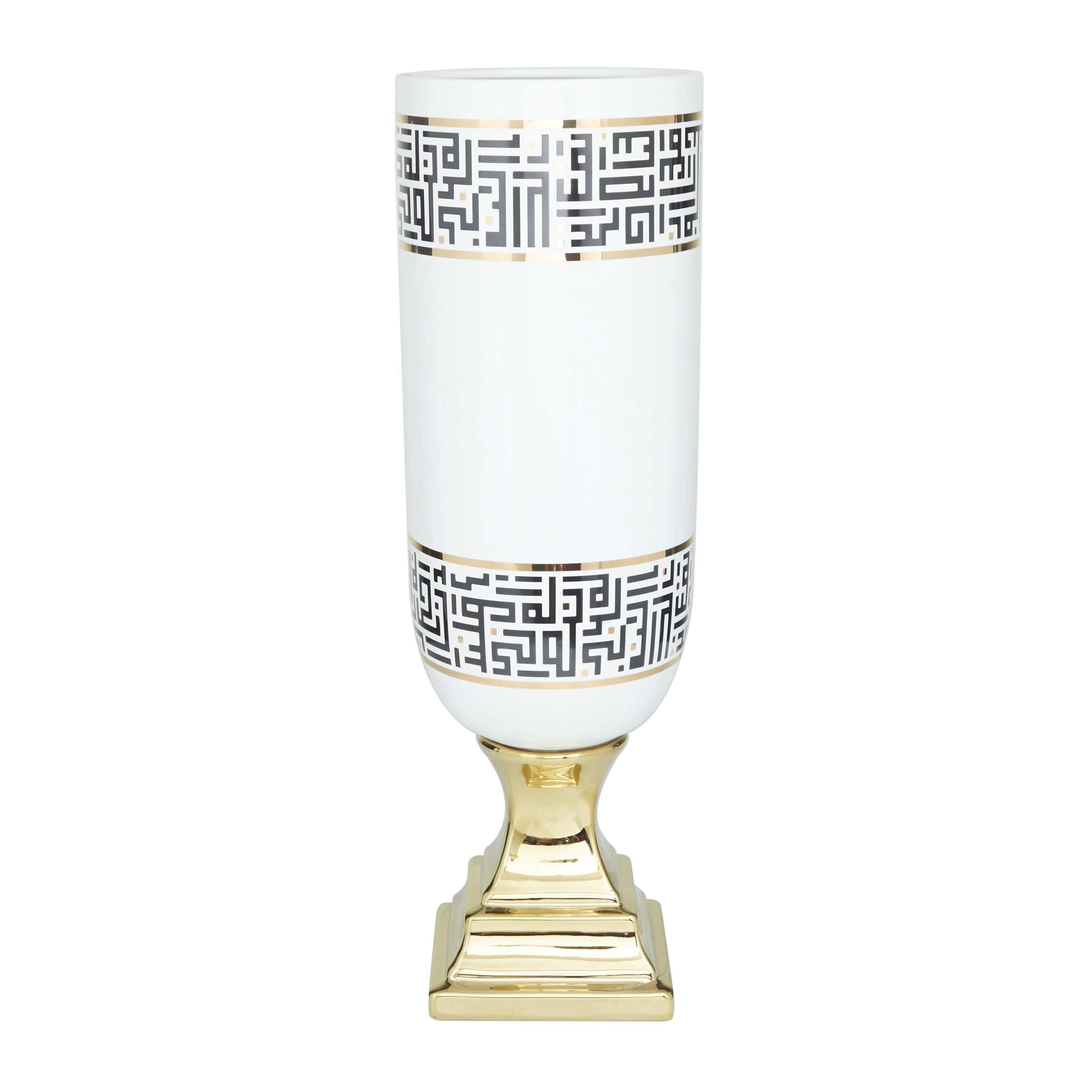 DecMode 21" White Ceramic Vase with Greek Knot Pattern and Gold Base