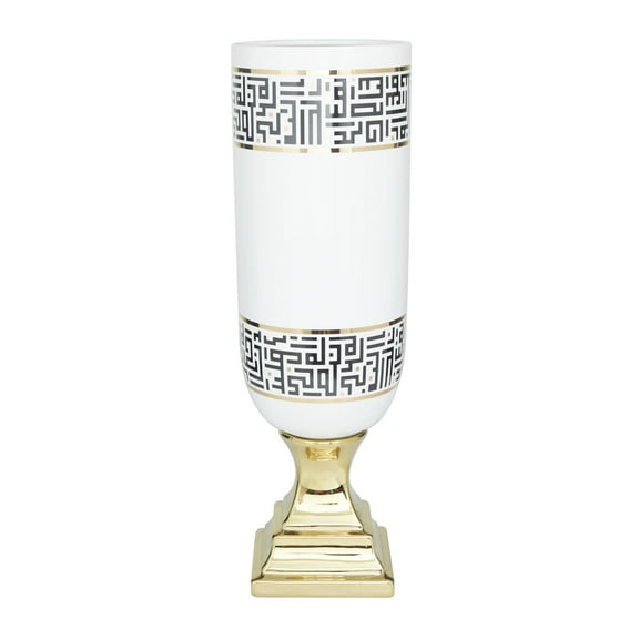 DecMode 21" White Ceramic Vase with Greek Knot Pattern and Gold Base