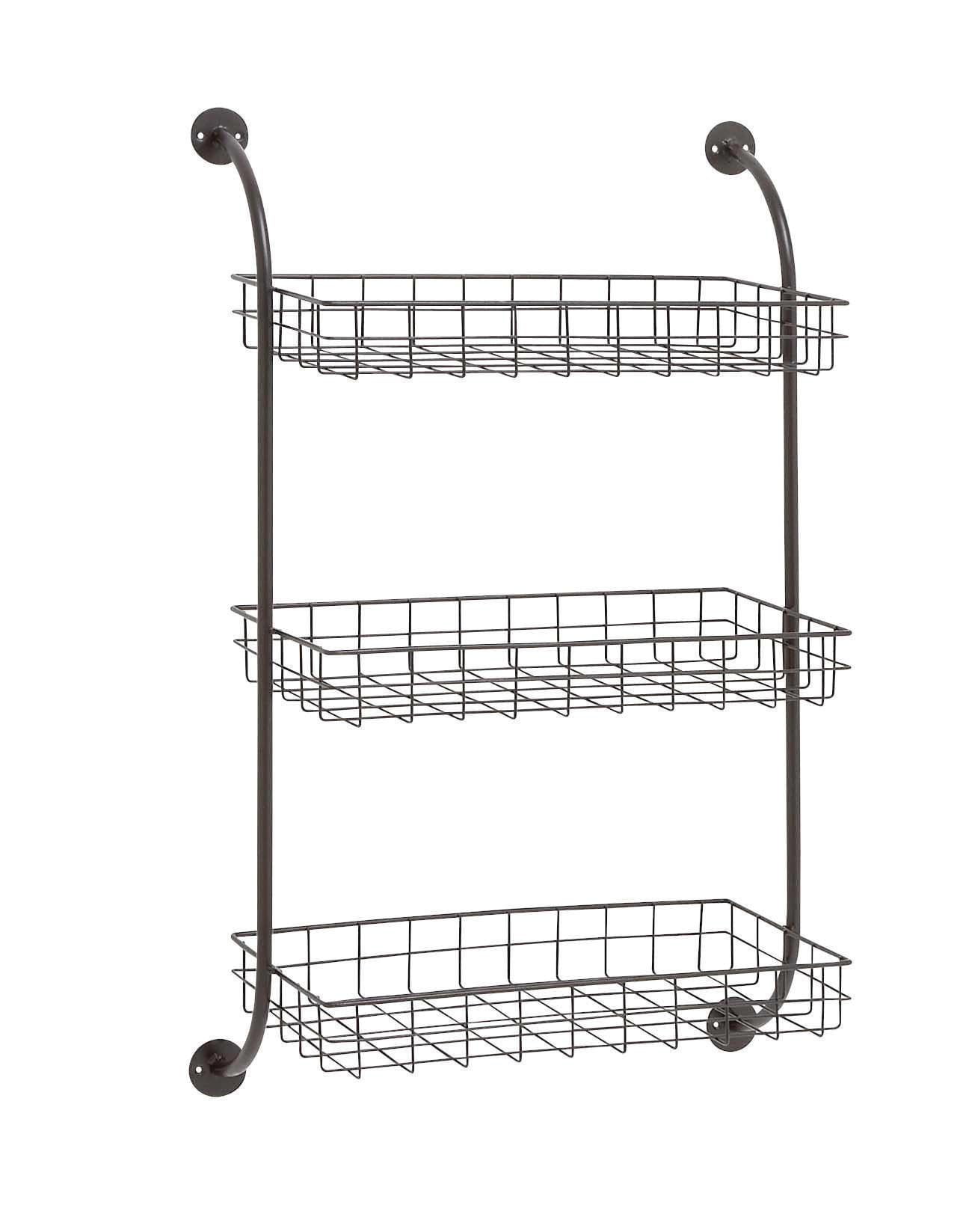 DecMode Black Metal 3 Shelves Room Wall Shelf with Suspended Baskets, 21" x 10" x 34"