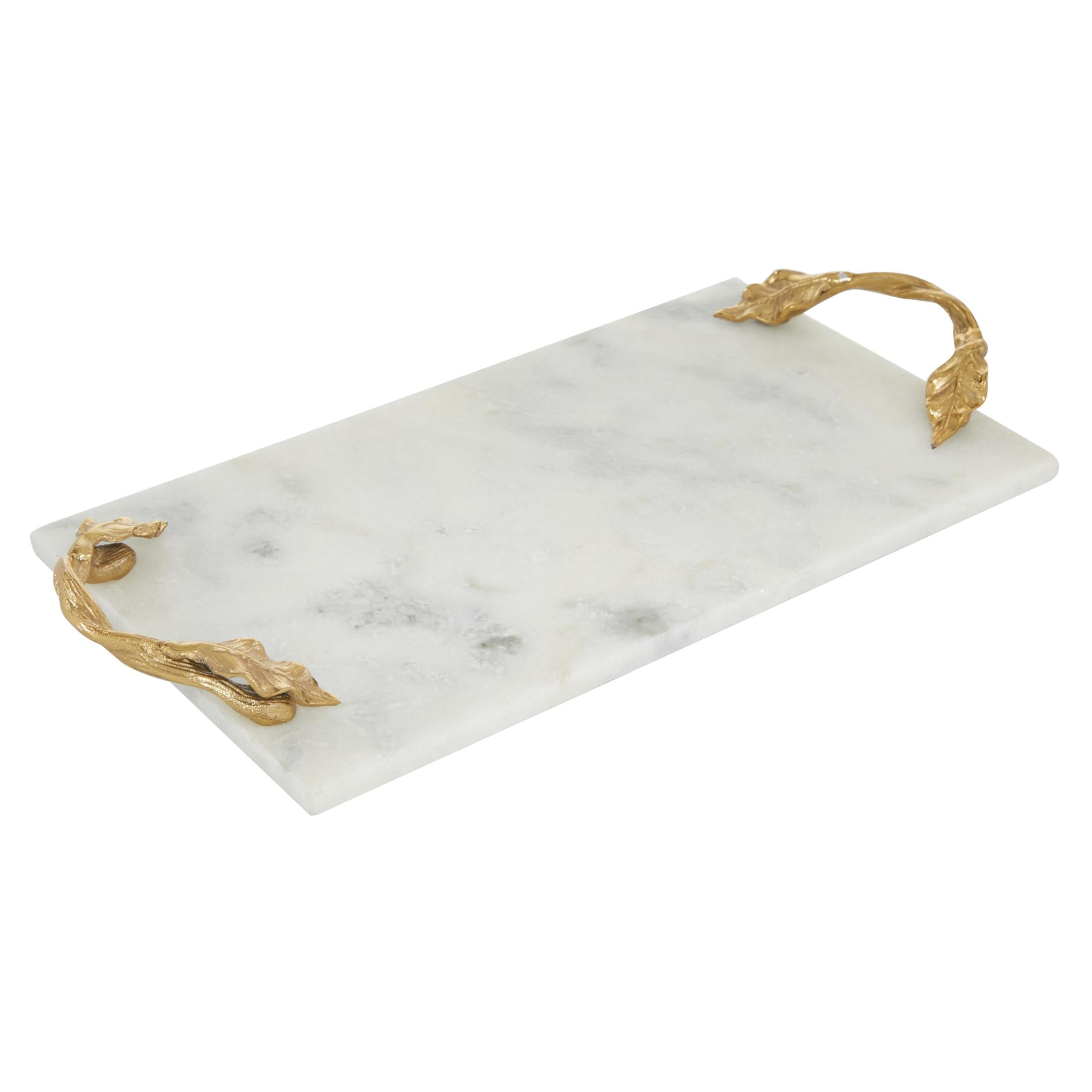 DecMode 21" x 10" White Marble Rectangular Leaf Tray with Gold Twisted Metal Handles, 1-Piece