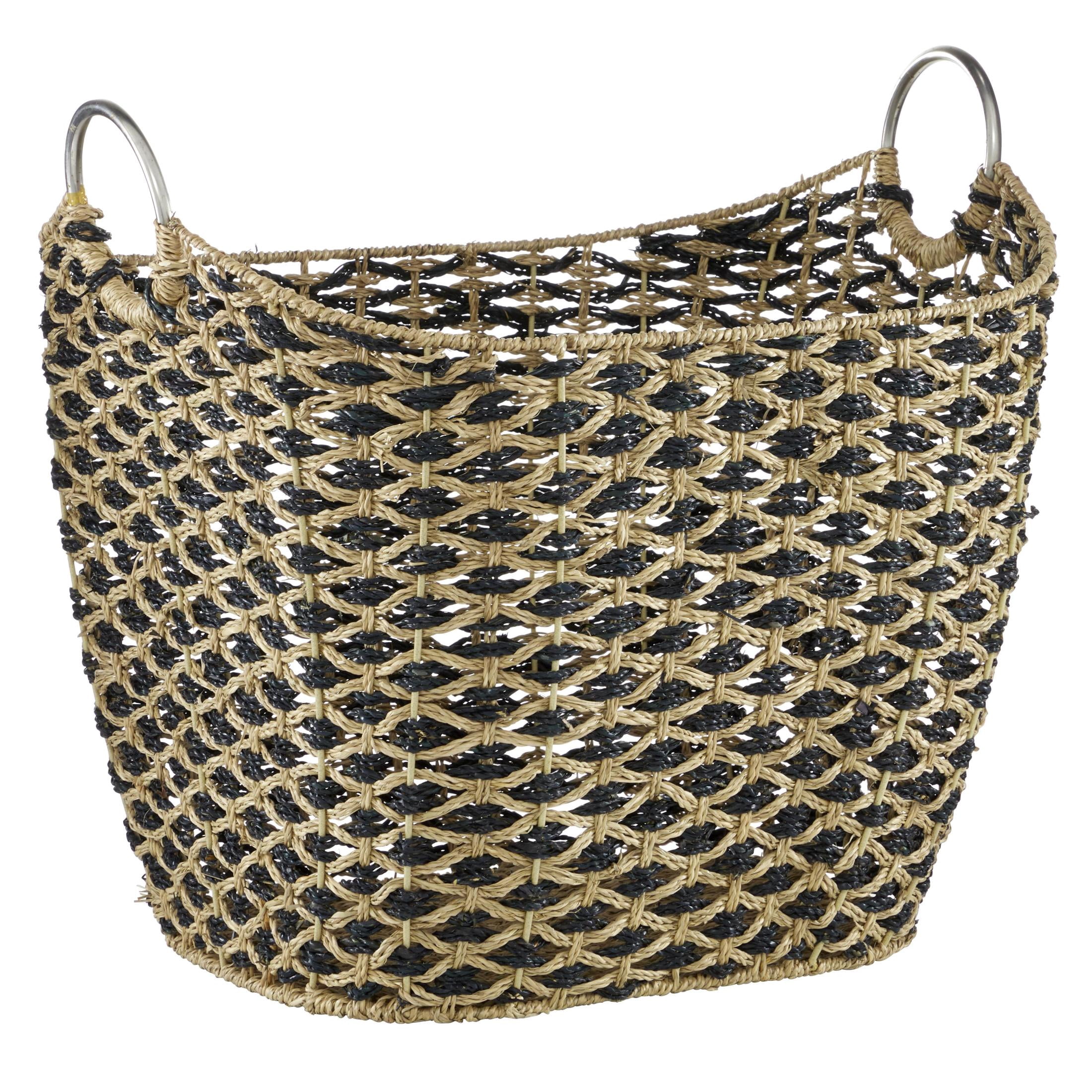 DecMode 21" x 21" Brown Seagrass Handmade Storage Basket with Metal Handles, 1-Piece