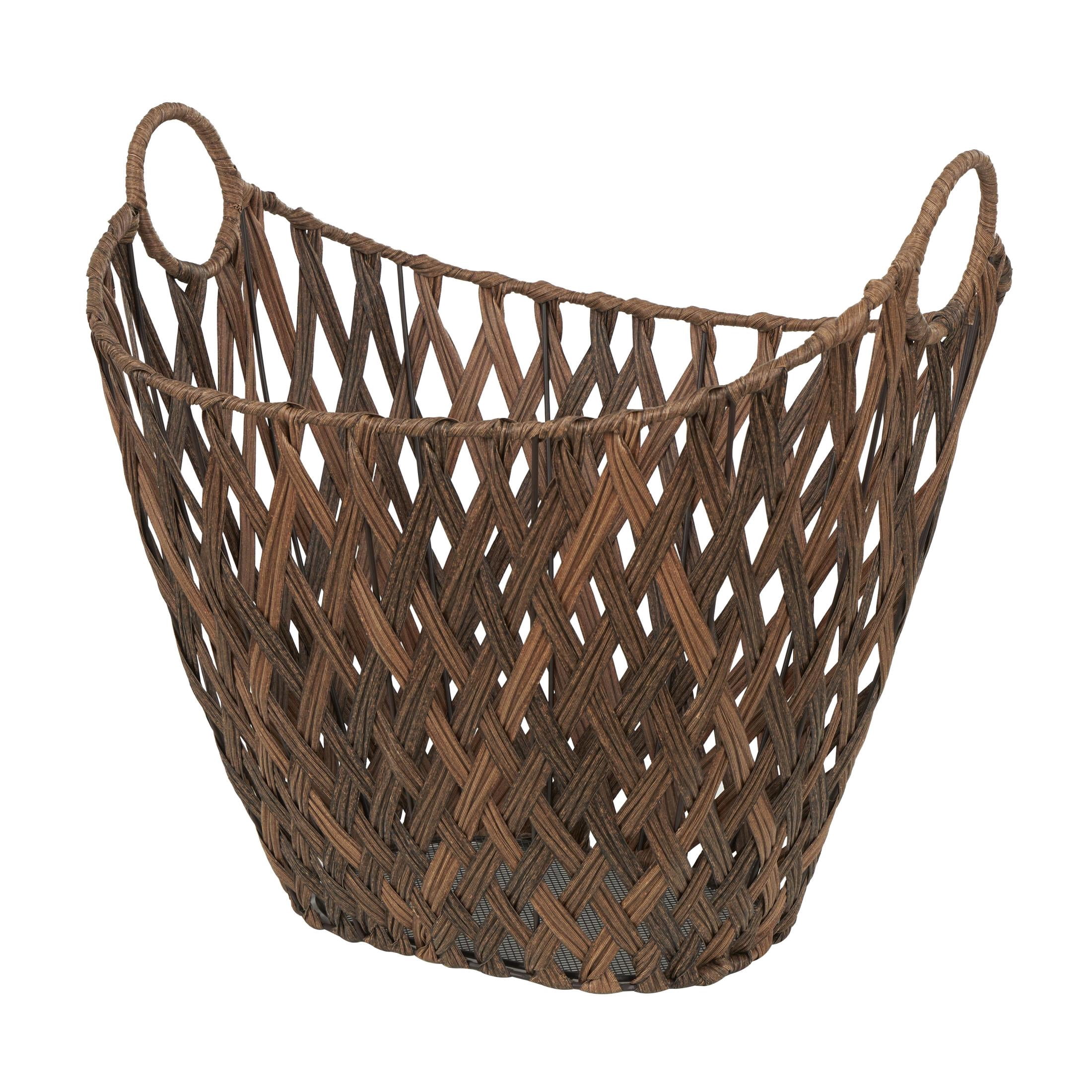 DecMode 21" x 19" Bronze Plastic Rattan Geometric Open Frame Woven Storage Basket with Ring Handles, 1-Piece
