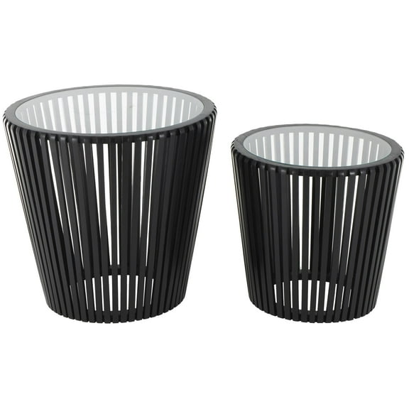 DecMode 21" x 21" Black Wood Cage Inspired Accent Table with Clear Glass Tabletop, 2-Pieces