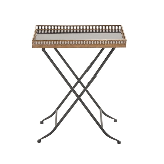 DecMode 21" x 25" Brass Metal Accent Table with Black Marble Tray Top and Metal Folding Legs, 1-Piece