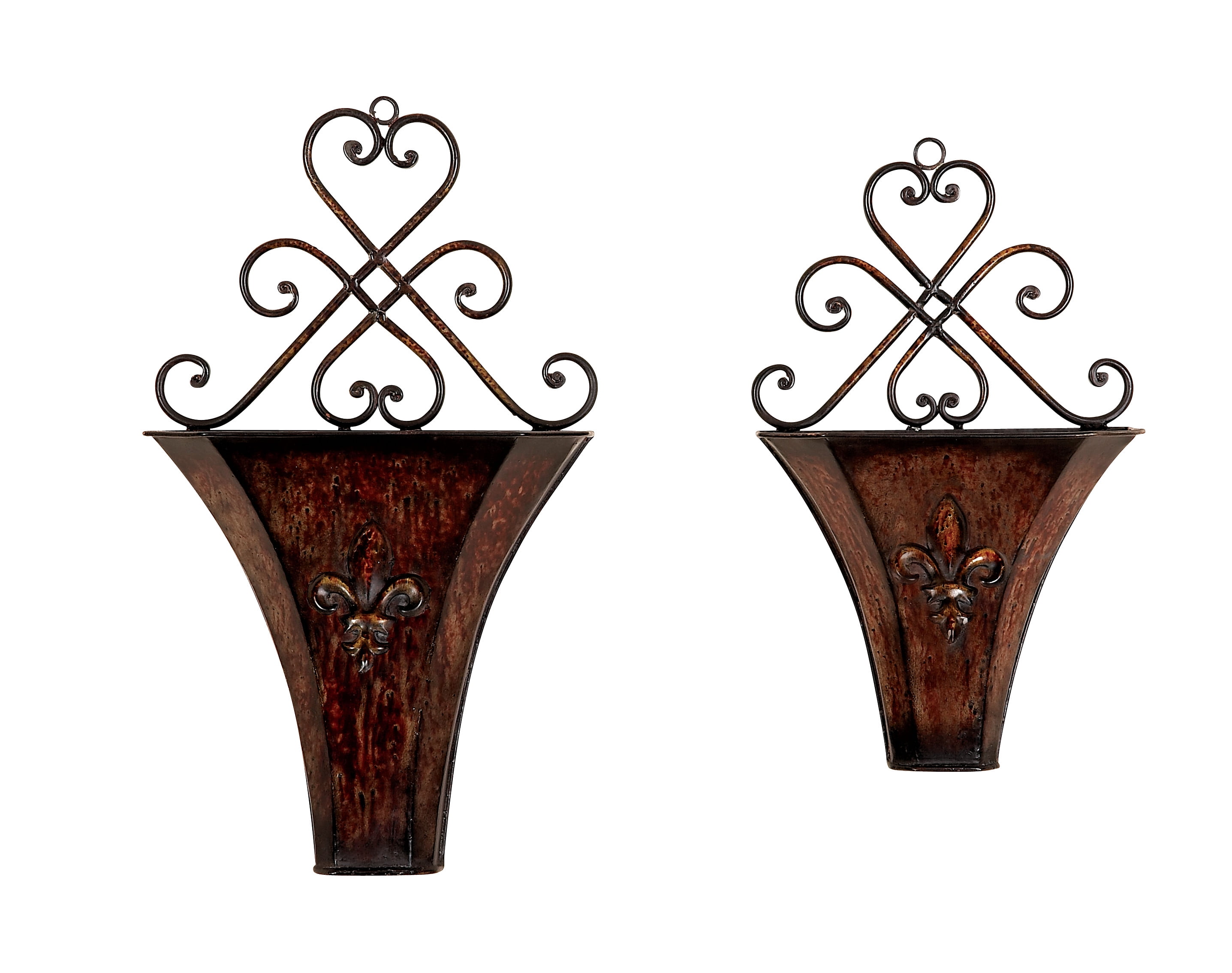 Brown Iron Scrollwork Indoor Outdoor Wall Planter Set