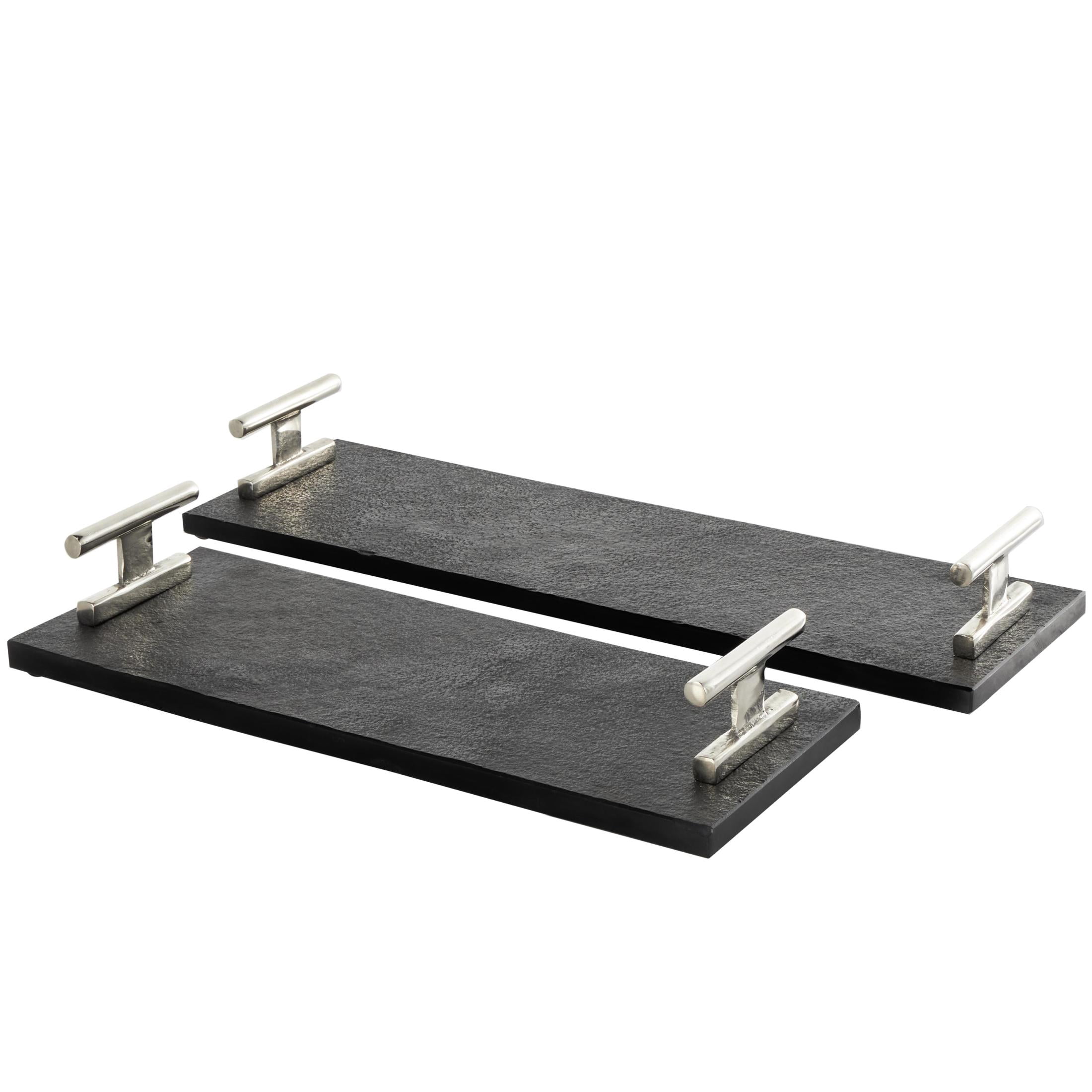 DecMode 22", 18"W Black Marble Textured Tray with Silver Handles, 2-Pieces