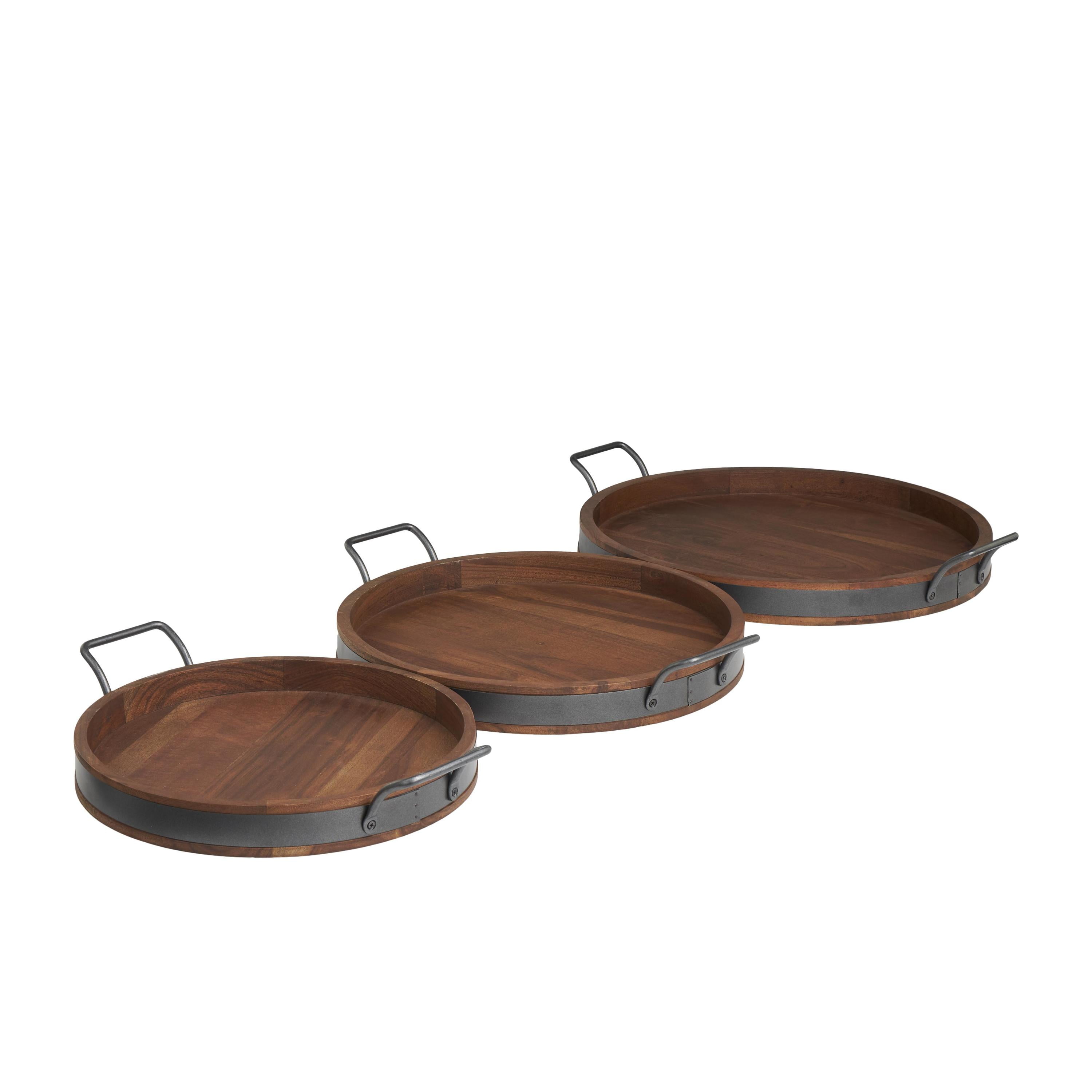 DecMode 22", 19", 18"W Brown Wood Nesting Tray with Black Metal Handles, 3-Pieces