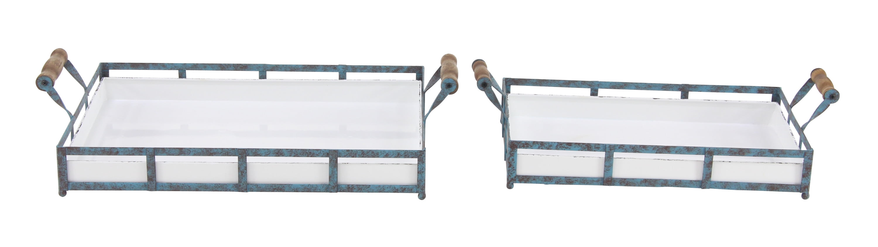 Distressed Blue and White Metal Farmhouse Rectangular Tray Set