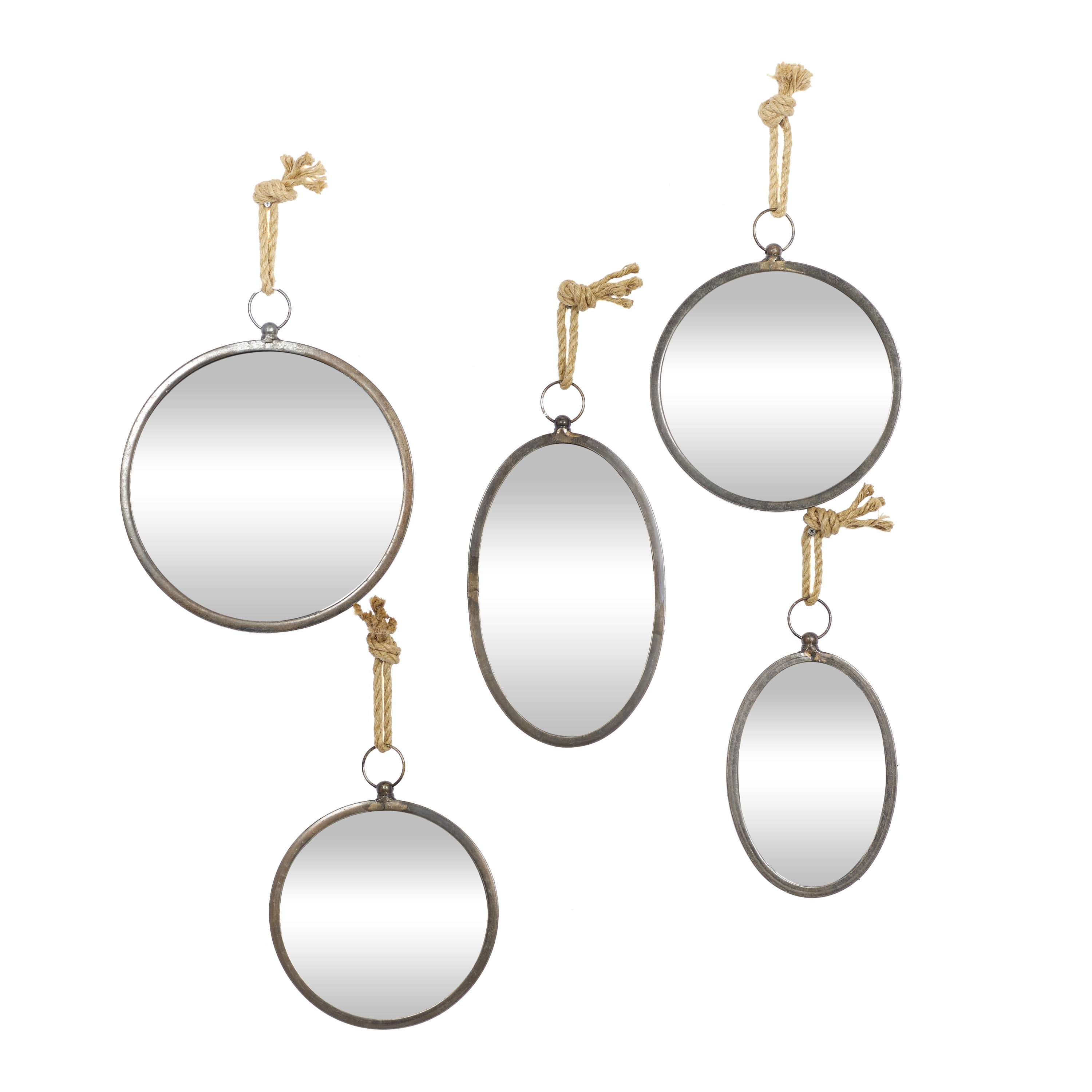 Gray Metal Round and Oval Wall Mirrors with Rope Hangers, Set of 5