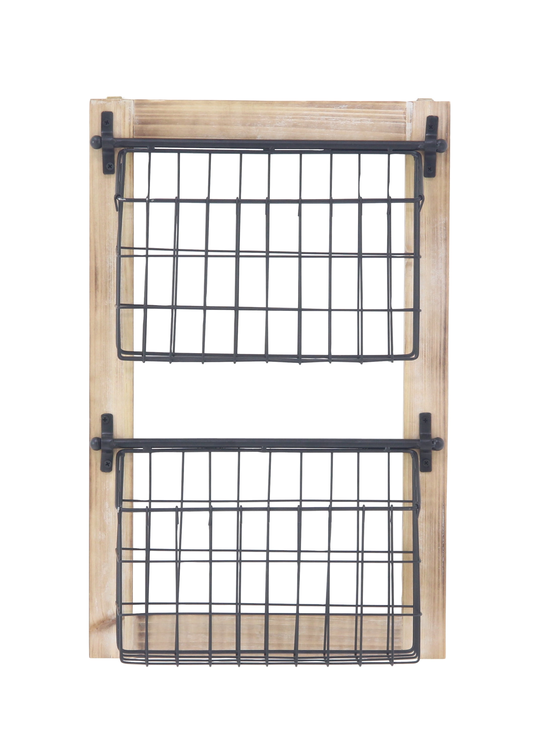 Industrial Black Metal and Wood 2-Tier Wall-Mounted Basket