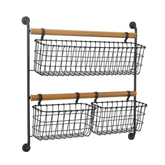 DecMode 22" Black Metal 3 Hanging Baskets Wall Mounted Magazine Rack Holder