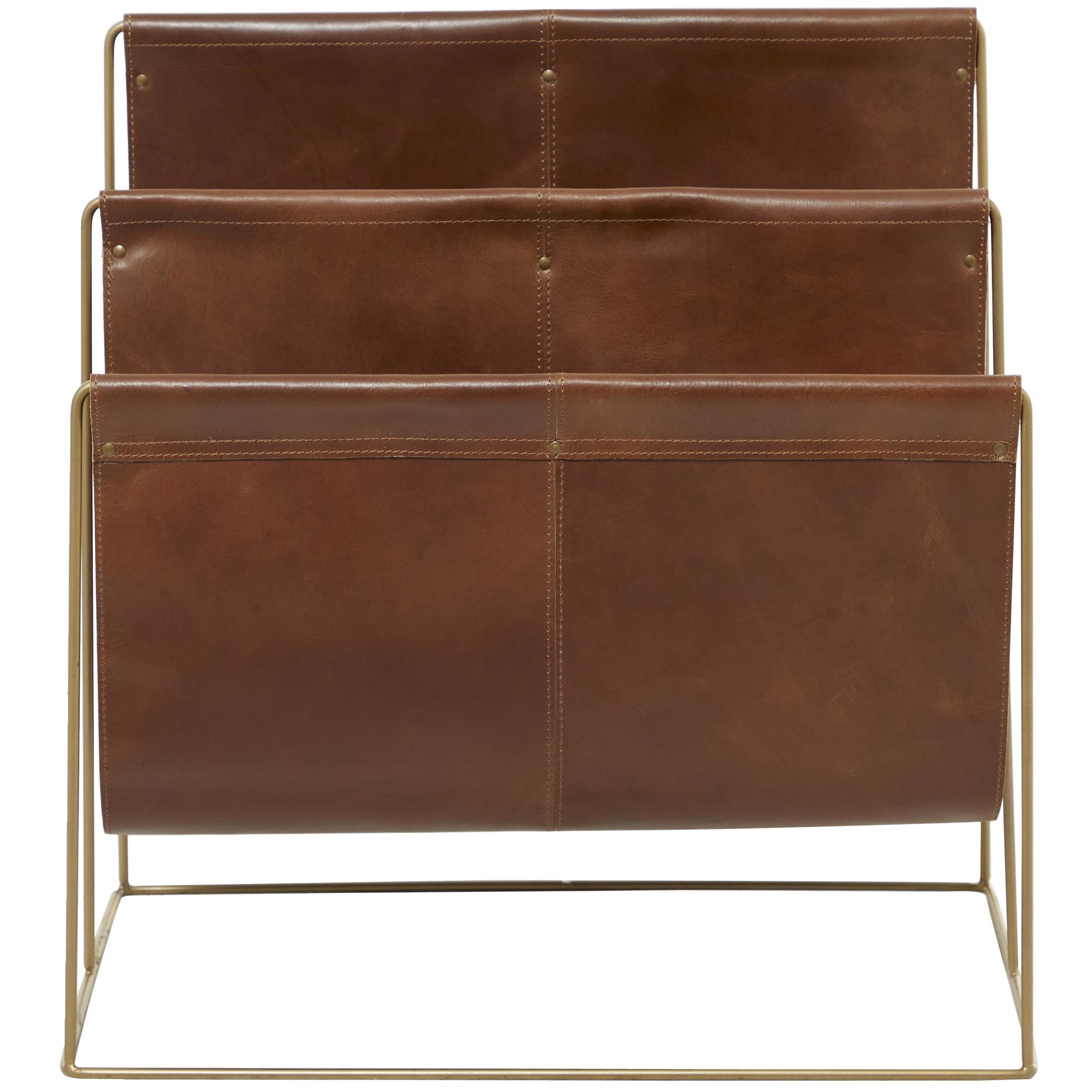 DecMode 22" Brown Leather 3 Slot Magazine Holder with Metal Stand