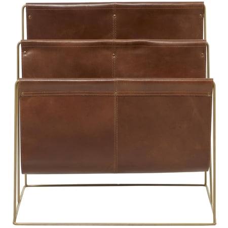DecMode 22" Brown Leather 3 Slot Magazine Holder with Metal Stand