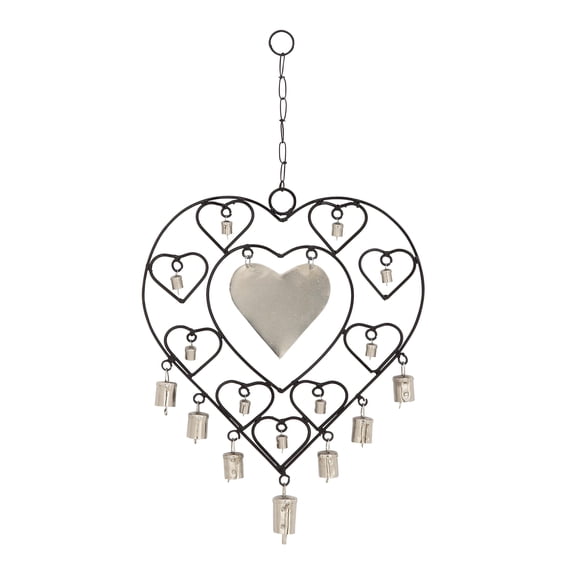 DecMode 22" Silver Metal Heart Windchime with Bells and Chain Ring Hanger