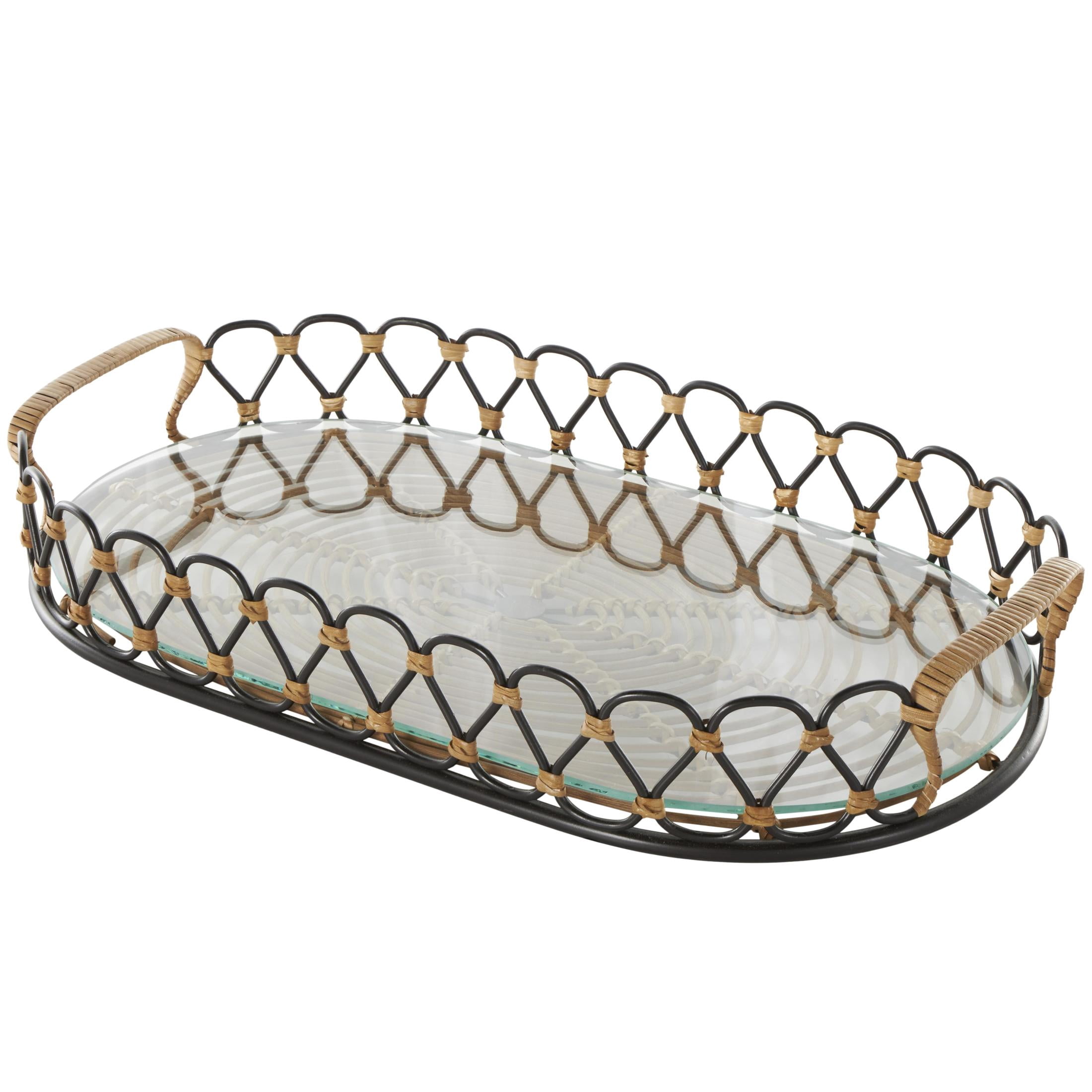 DecMode 22" x 12" Black Metal Circular Woven Tray with Glass Base, 1-Piece