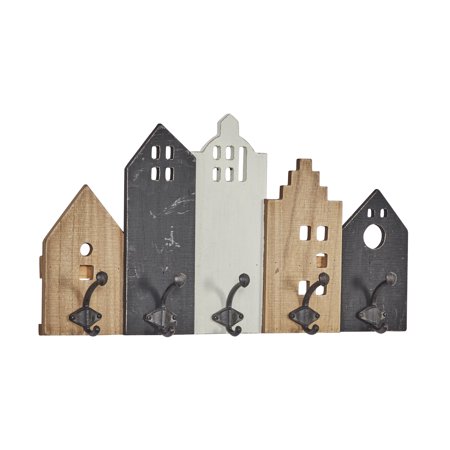 DecMode 22" x 12" Multi Colored Wooden 5 Hangers Wall Hook, 1-Piece