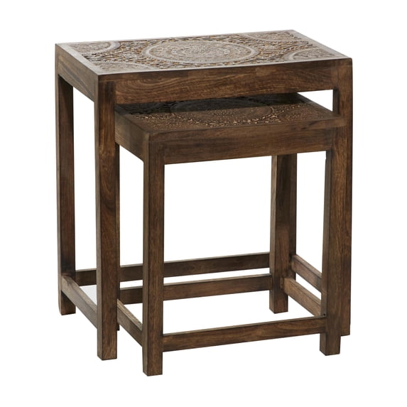 DecMode 22" x 24" Brown Mango Wood Handmade Intricately Carved Floral Accent Table with Carved Tabletops, 2-Pieces
