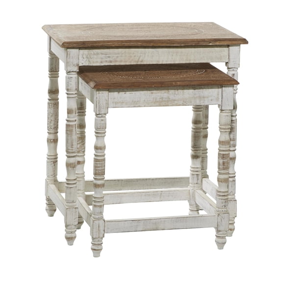 DecMode 22" x 24" White Mango Wood Handmade Intricately Carved Floral Accent Table with Carved Tabletops, 2-Pieces