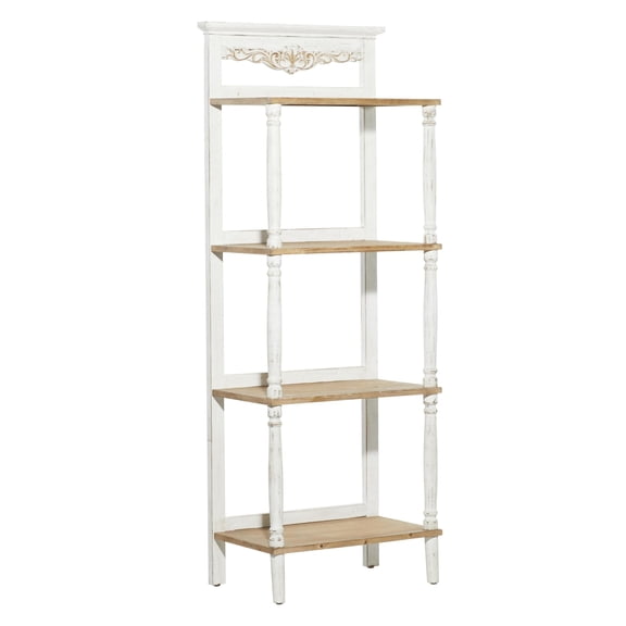 DecMode 22" x 57" White Wood Scroll 4-Tier Shelving Unit with Brown Shelves and Turned Frame, 1-Piece