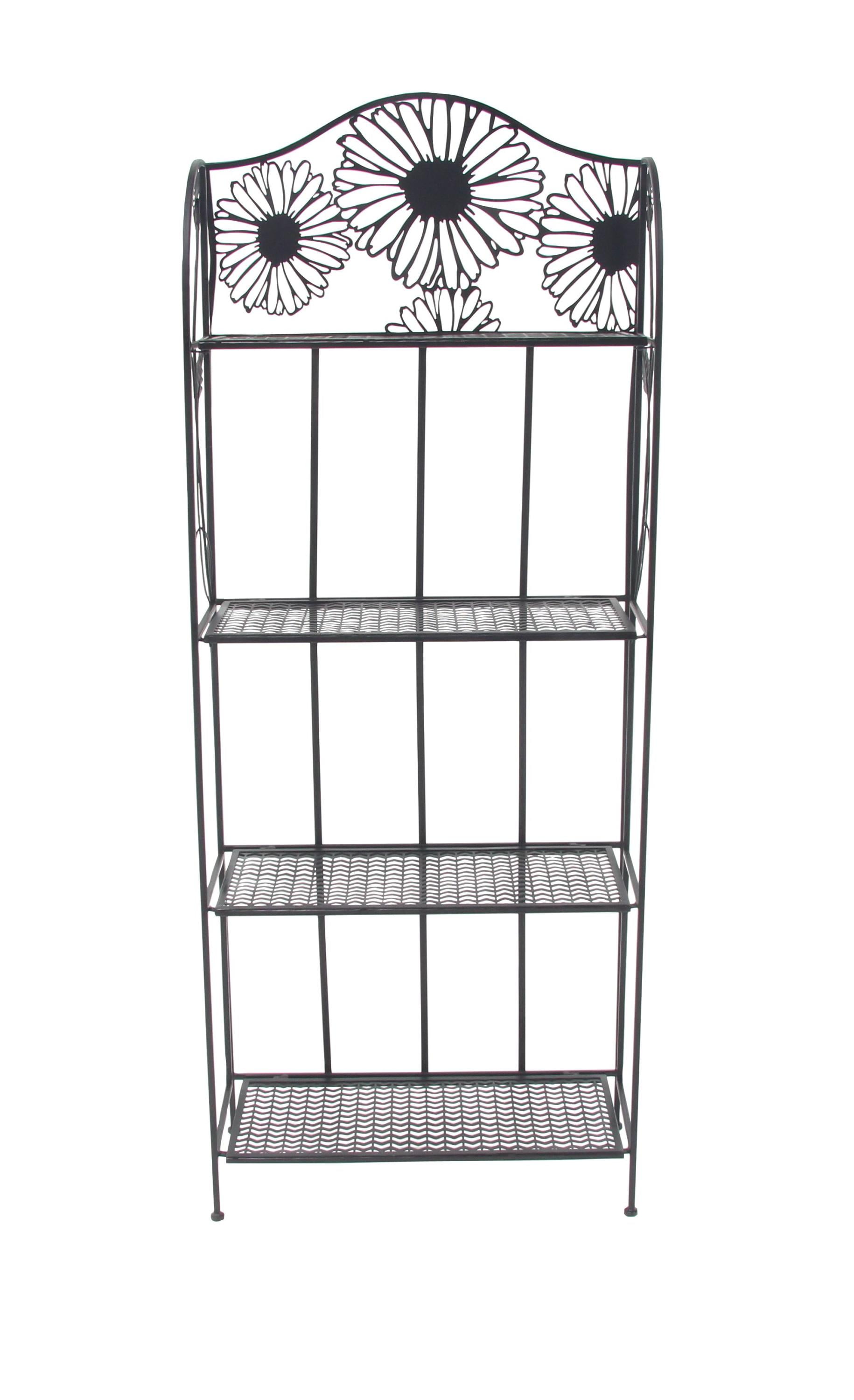 DecMode 22" x 66" Black Metal Floral Tall Folding 4 Shelf Bakers Rack with Geometric Cutouts, 1-Piece
