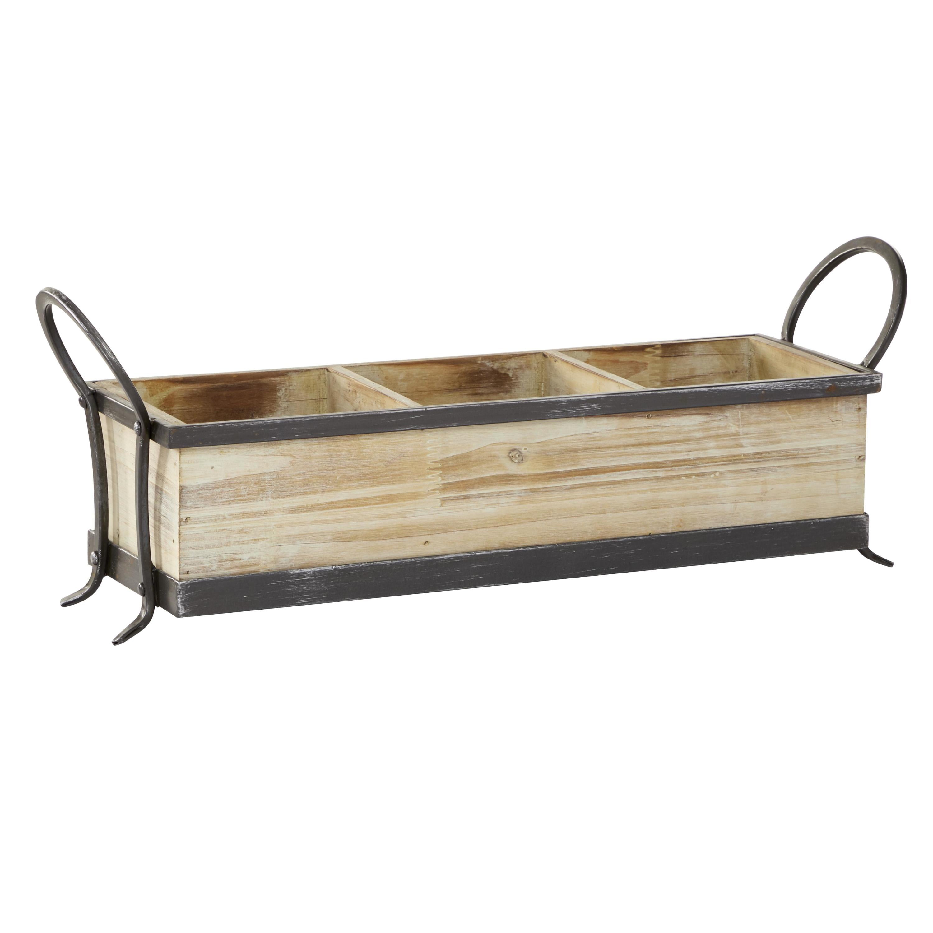 Rustic Pine-Finish Wood Tray with Iron Accents and Dividers, 24"x9"