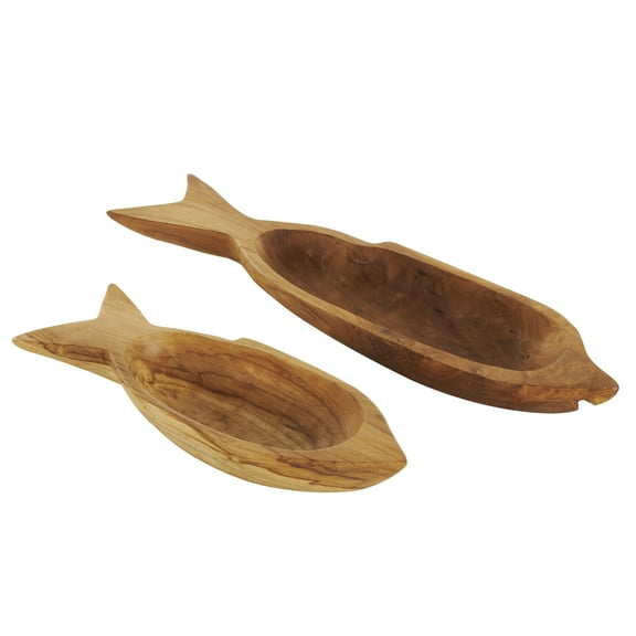 DecMode 23", 5"W Brown Teak Wood Handmade Carved Fish Tray, 2-Pieces