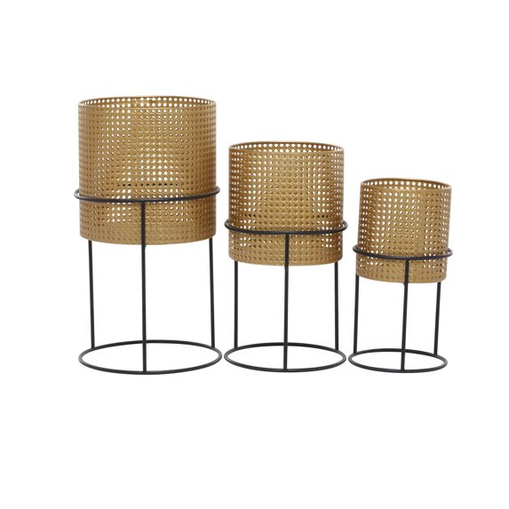 DecMode 23", 19", 16"H Rattan Weave Inspired Gold Metal Planter with Removeable Ring Stands (3 Count)
