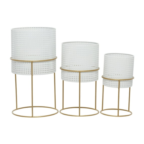 DecMode 23", 19", 16"H Rattan Weave Inspired White Metal Planter with Removeable Ring Stands (3 Count)