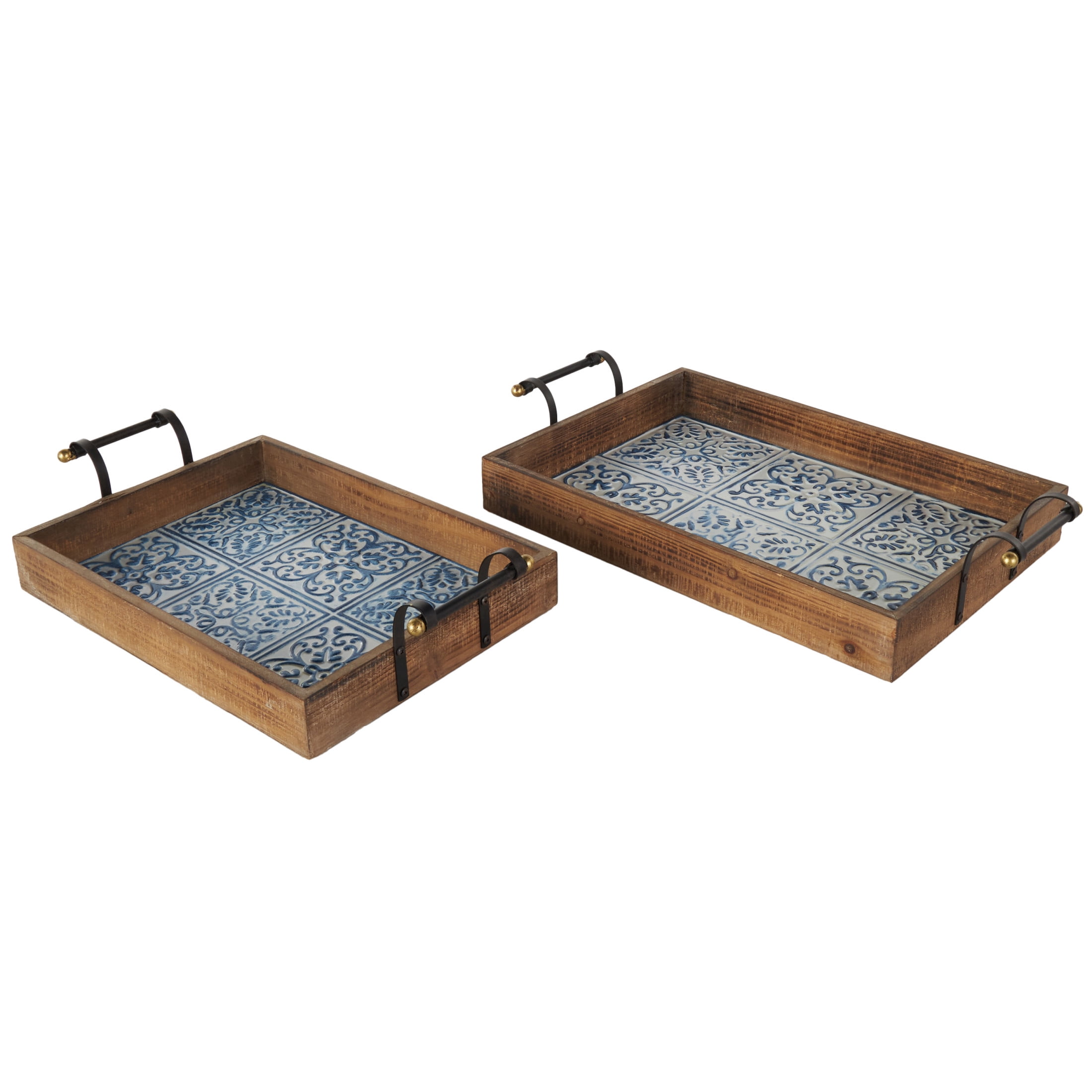 DecMode 23", 19"W Brown Wood Floral Tray with Tile Patterns, 2-Pieces