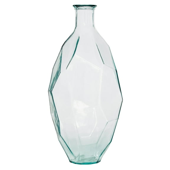 DecMode 23" Abstract Handmade Spanish Bottle Neck Faceted Teal Recycled Glass Vase