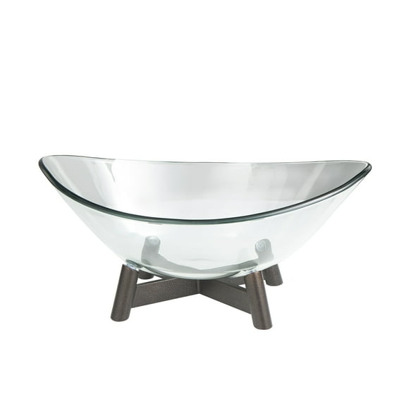 DecMode 23" x 10" Clear Glass Wide Serving Bowl with Bronze Hammered Stand, 1-Piece